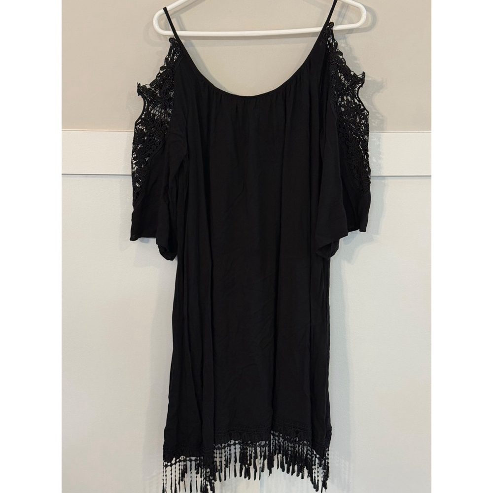 Black Lace Trim Dress Large Asymmetrical One Shoulder Flowy